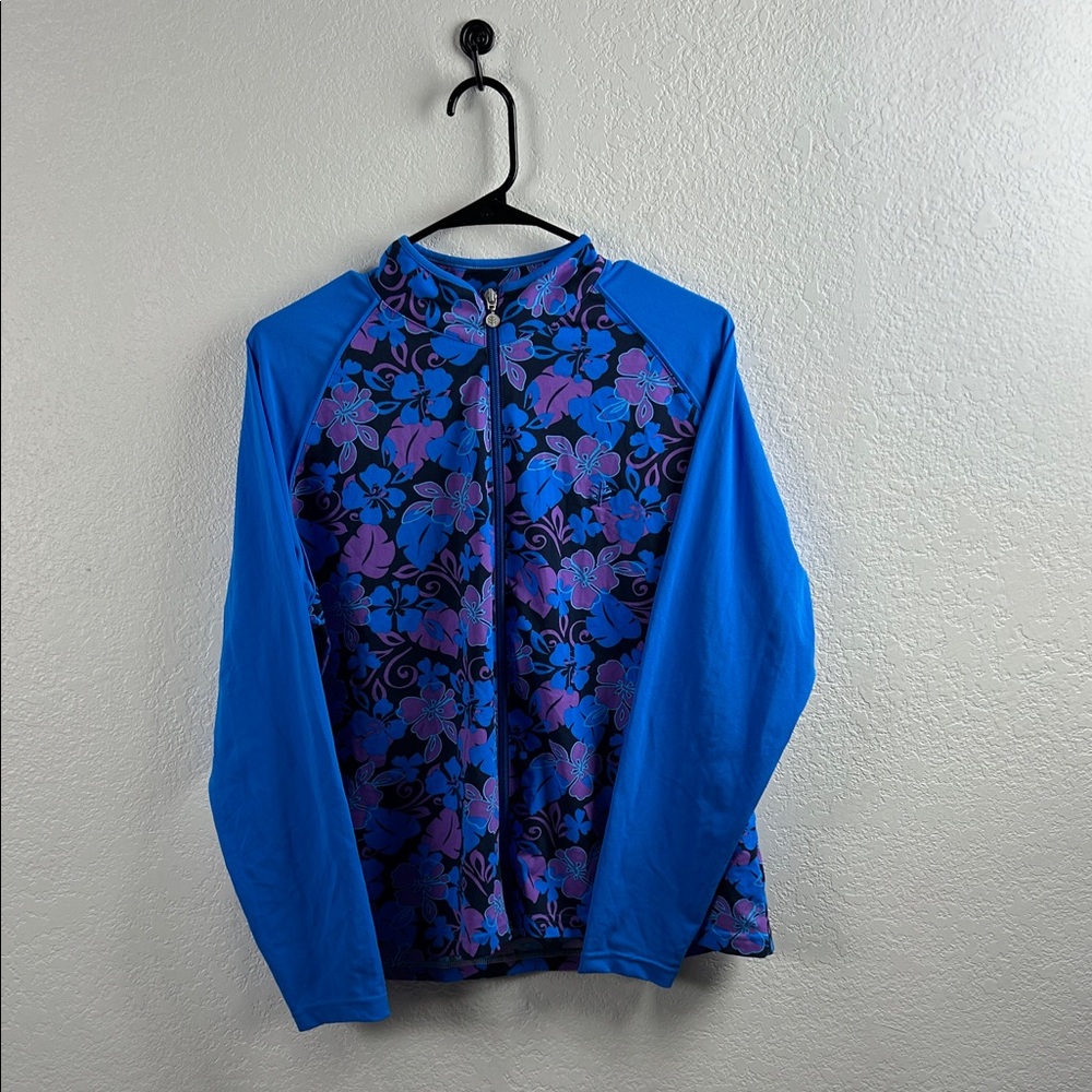 Coolibar Women’s Blue Purple Floral Rash Guard Sun Protection Sz XL Vacation